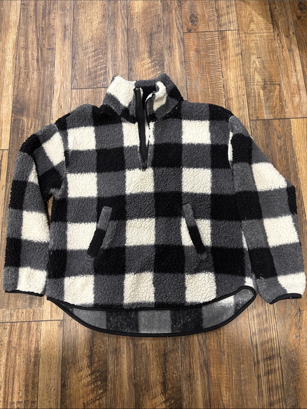 Women’s Black & White Buffalo Check Sherpa Half-Zip Pullover